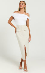 Brylee Midi Skirt - High Waisted Front Split Skirt in Stone