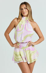 Bryonie Mini Dress - Backless Halter Dress in Swirl Print