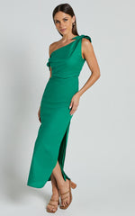Cincinnati Midi Dress - Off The Shoulder Side Split Column Linen Dress in Green