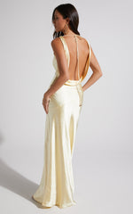 Adilah Maxi Dress - Cowl Neck Satin Dress in Butter Yellow