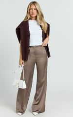 Cade Pants - Mid Waisted Front Pleat Satin Wide Leg Pants in Taupe
