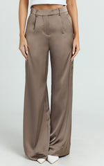 Cade Pants - Mid Waisted Front Pleat Satin Wide Leg Pants in Taupe