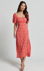 Caitlin Midi Dress - Puff Sleeve Thigh Split Dress in Orange