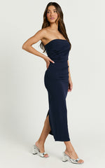 Calanthe Midi Dress - Strapless Tuck Detail Dress in Navy