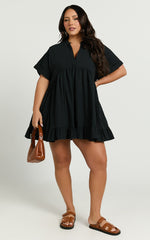 Calissa Mini Dress - Frill Hem Smock Dress in Black