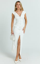 Calista Midi Dress - Boat Neck Button Down Pencil Dress in White