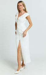 Calista Midi Dress - Boat Neck Button Down Pencil Dress in White