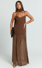 Calvin Maxi Dress - Linen Look Contrast Georgette Skirt with Neck Scarf in Chocolate