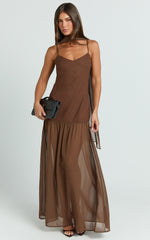 Calvin Maxi Dress - Linen Look Contrast Georgette Skirt with Neck Scarf in Chocolate