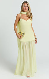 Calvin Maxi Dress - Linen Look Contrast Georgette Skirt with Neck Scarf in Lemon