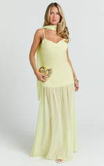 Calvin Maxi Dress - Linen Look Contrast Georgette Skirt with Neck Scarf in Lemon