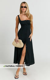 Cameron Midi Dress - Button Front Tie Back Dress in Black