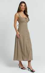 Cameron Midi Dress - Button Front Tie Back Dress in Mocha