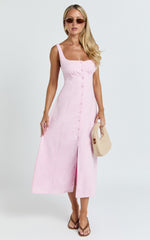 Cameron Midi Dress - Button Front Tie Back Dress in Pink