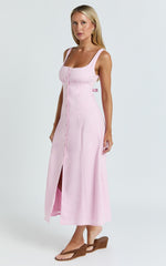 Cameron Midi Dress - Button Front Tie Back Dress in Pink