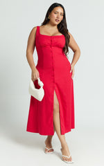 Cameron Midi Dress - Button Front Tie Back Dress in Red