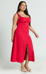 Cameron Midi Dress - Button Front Tie Back Dress in Red