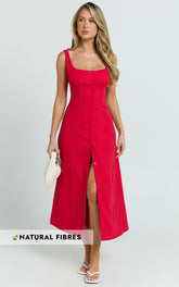 Cameron Midi Dress - Button Front Tie Back Dress in Red