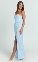 Camila Maxi Dress - Corset Panel Drape Matte Satin Dress in Blue