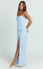 Camila Maxi Dress - Corset Panel Drape Matte Satin Dress in Blue