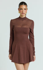 Camilla Mini Dress - Turtle Neck Fit And Flare Sheer Contrast Knit Dress in Chocolate