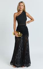 Candice Maxi Dress - Lace Contrast Georgette Dress in Black