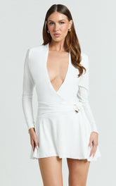 Cannes Mini Dress - Jersey Wrap Hardware Detail Flounce Skirt Dress in Off White