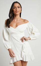 Cant Move On Off Shoulder Mini Linen Blend Dress in White Linen Look