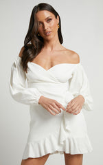 Cant Move On Off Shoulder Mini Linen Blend Dress in White Linen Look