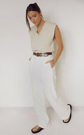 Larissa Trousers - Linen Mid Waisted Relaxed Straight Leg Trousers in White