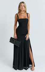 Cardi Maxi Dress - Ruched Mesh High Leg Split Dress in Black