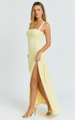 Cardi Maxi Dress - Ruched Mesh High Leg Split Dress in Lemon