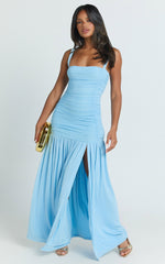 Cardi Maxi Dress - Ruched Mesh High Leg Split Dress in Blue