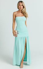 Cardi Maxi Dress - Ruched Mesh High Leg Split Dress in Mint