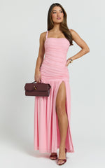 Cardi Maxi Dress - Ruched Mesh High Leg Split Dress in Pink
