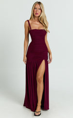 Cardi Maxi Dress - Ruched Mesh High Leg Split Dress in Wine