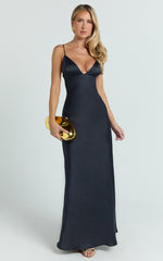 Cariela Midi Dress - Plunge Neck Satin Dress in Navy