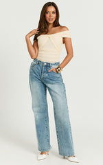 Carina Bodysuit - Twist Front Off Shoulder Mesh Bodysuit in Cream