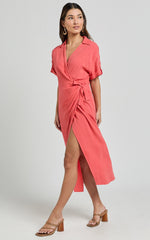 Carina Midi Dress - Linen Blend Short Sleeve Collared Wrap Dress in Orange
