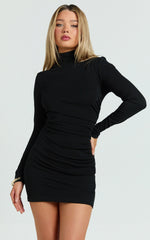 Carla Mini Dress - Rolled High Neck Bodycon Dress in Black