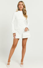 Carlson Mini Dress - High Neck Sleeve Cocoon Skirt Dress in White
