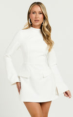 Carlson Mini Dress - High Neck Sleeve Cocoon Skirt Dress in White
