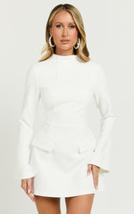 Carlson Mini Dress - High Neck Sleeve Cocoon Skirt Dress in White