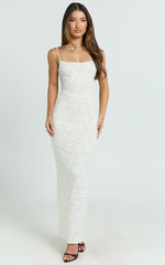 Carly Maxi Dress - Stretch Lace Scoop Neck Dress in Off White