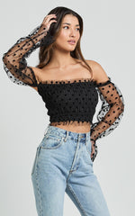 Carly Top - Long Sleeve Off Shoulder Tulle Top in Black