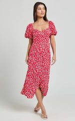 Carlyn Midi Dress - Sweetheart Puff Sleeve Wrap Dress in Red Floral