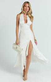 Carmela Midi Dress - Gather Bust and Shoulder Strap With Front Leg Split Dress in Off White