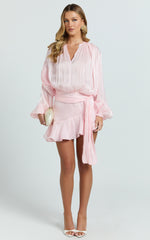 Carmela Mini Dress - Long Sleeve Tie Neck Ruffle Skirt Dress in Pink