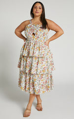 Caro Midi Dress - One Shoulder Tiered Dress in Multi Floral