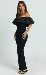 Carol Maxi Dress - Off Shoulder Frill Neckline Dress in Black